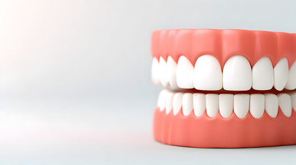 A close-up shot of a dental model showing a full set of perfect teeth. It highlights dental health and hygiene