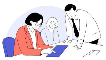 mature 50s age latin business man mentoring mid age european business woman discussing project on laptop in office. two colleagues, group of partners, professional business people working together.