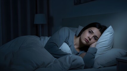 Sad Young Woman Awake in Bed at Night with Thoughtful Expression &ndash; Low Light Bedroom Scene