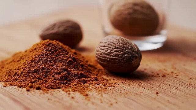 Nutmeg spice and whole nutmegs on a wooden surface