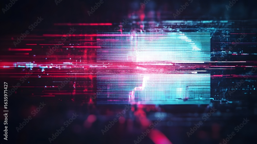 Poster captivating abstract digital art composition featuring a vibrant glitch effect with neon spectrum lu