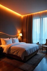 Luxurious hotel room illuminated by warm, ambient lighting creating a relaxing and inviting atmosphere Perfect for travel, hospitality, and interior design projects , luxury, comfortable, apartment