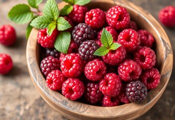Juicy ripe raspberries overflowing a rustic wooden bowl, fruit, wood
