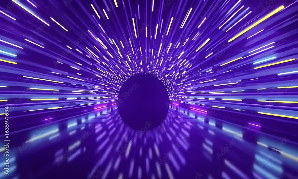 Poster 3d render, abstract background with neon light rays and blurred floor in a purple color.