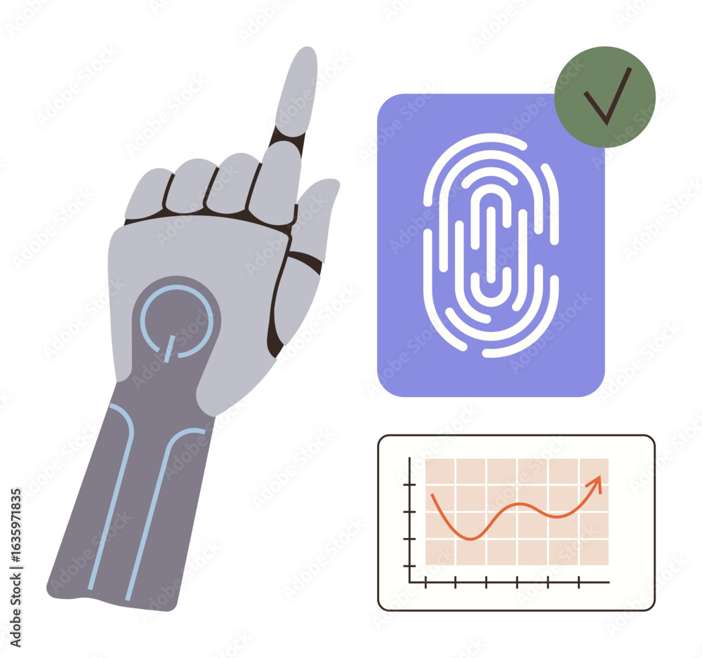 Poster robotic hand pointing toward fingerprint scanner with checkmark, data graph showing trends. ideal fo