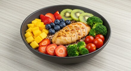 Colorful healthy grain bowl featuring fresh fruits vegetables and grilled chicken for balanced diet and wellness