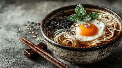 Close up of noodle soup with egg and chopsticks on the side