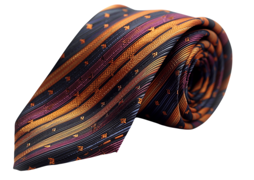 Rolled necktie in vibrant purple orange stripe pattern Isolated on a transparent background - Powered by Adobe