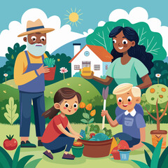 Family Gardening Vector – Multiracial Generations Working in Community Garden