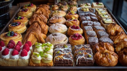 Elegant photo of assorted pastries and breads beautifully arranged on a tray displayed for sale in a bakery Fresh sweet treats and baked goods showcased in a tempting display.