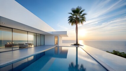 A stunning modern luxury villa with a swimming pool and ocean view, featuring a palm tree against a beautiful sunset sky