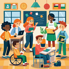 Inclusive Classroom Vector – Students of All Backgrounds Learning Together