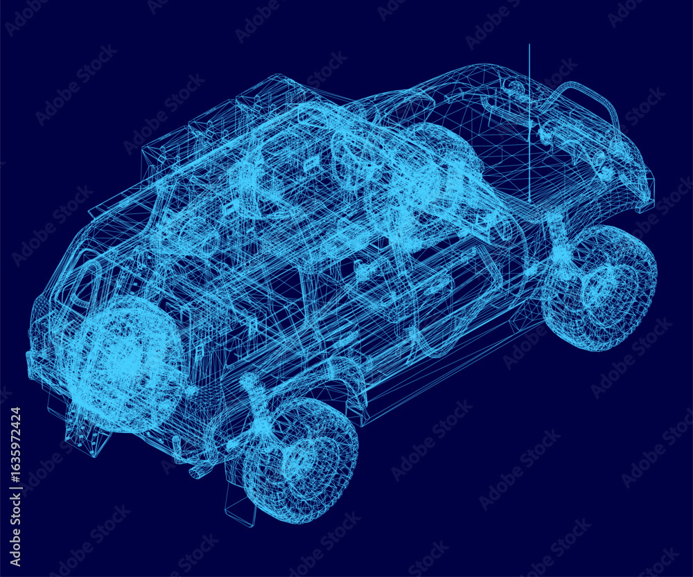Poster wireframe car explorer reveals intricate structural details with clean lines and transparent layers.