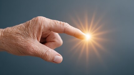 Elderly people and the use of technology. Learning new technological skills. An elderly finger touching a microchip, with sunburst rays emanating from the contact point.