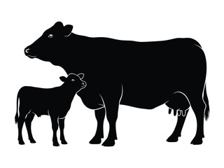 Mom and Calf Silhouette: An artistic silhouette depicts a tender moment between a mother cow and her calf, showcasing the bond in a minimalist graphic design.