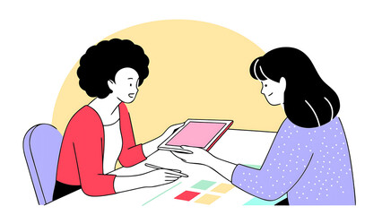 two businesswoman working together using digital work tablet pc business project. small creative diversity team of african american female and young woman do meeting in office. banner, copy space