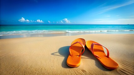 A pair of orange flipflops resting on a sandy beach with the turquoise ocean and blue sky in the background, evoking a sense of summer vacation and relaxation