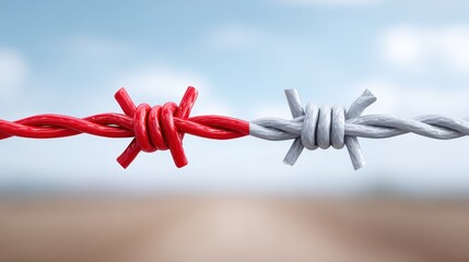 A red line symbolizing territorial division between two countries. A concept of territorial conflict and border war.