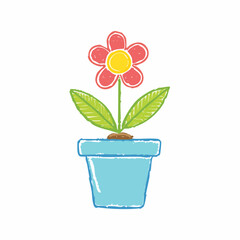 Flower in pot kid style. Vector of child cartoon. Crayon spring flower on isolated background. Cute plant art, children pencil, baby pastel, chalk.
