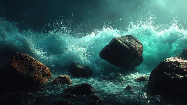 Ocean waves crashing against rocks in turquoise water view