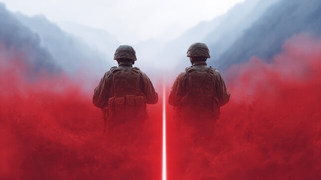 A red line symbolizing territorial division between two countries. A concept of territorial conflict and border war.