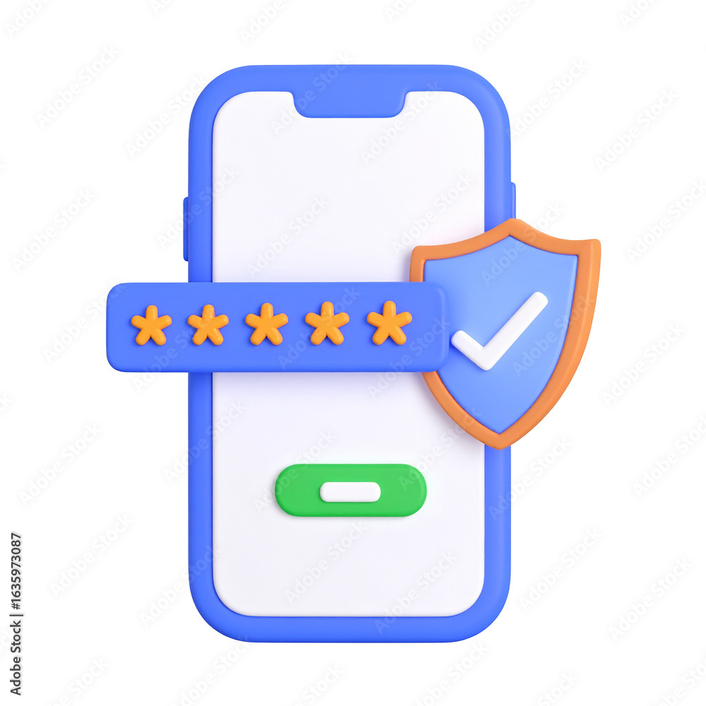 Poster secure smartphone password entry protected by a shield with a checkmark. protection concept illustra