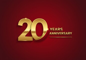 Photo of golden number 20 with text 20 years anniversary on a dark red background, luxury celebration design