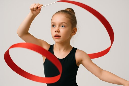 Young gymnast performs rhythmic exercise with red ribbons in a studio setting