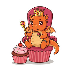 Orange dinosaur holding cupcake with candle cartoon vector for birthday celebration