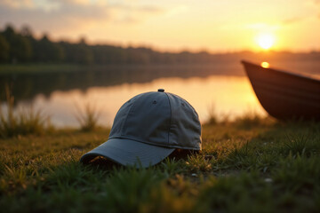 Logo mockup. A baseball cap rests peacefully on the grass, symbolizing a day of fishing against a tranquil lake sunset backdrop.