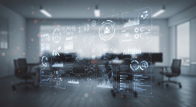 Glowing Holographic Data Interface Floating in a Blurred Modern Office Boardroom