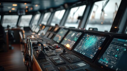 A detailed view of a ship's control room, featuring high-tech navigation screens and equipment, conveying a sense of advanced maritime technology.