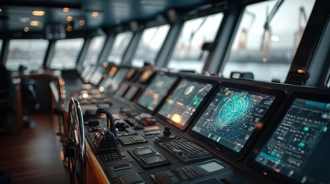A detailed view of a ship's control room, featuring high-tech navigation screens and equipment, conveying a sense of advanced maritime technology.