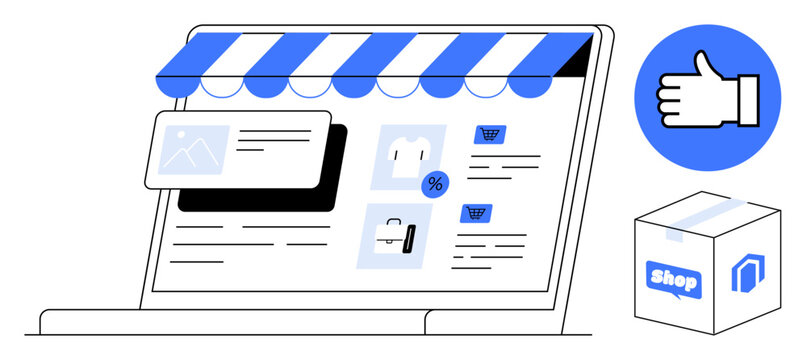 Digital storefront on a laptop with product cards, cart, discount tag, thumbs up icon, and delivery box. Ideal for e-commerce, online shopping, retail, business marketing delivery simple landing