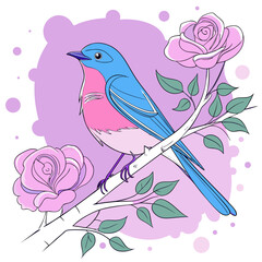 Colorful bird on floral branch illustration