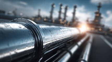 Close up of industrial pipes with blurred factory background