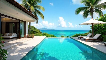 Luxury villa with private pool, stunning ocean view, outdoor patio furniture, lush tropical landscaping Perfect for a relaxing getaway , luxury villa rental, idyllic