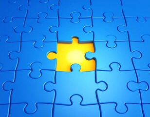 Fototapeta premium Blue puzzle with a missing, glowing yellow piece