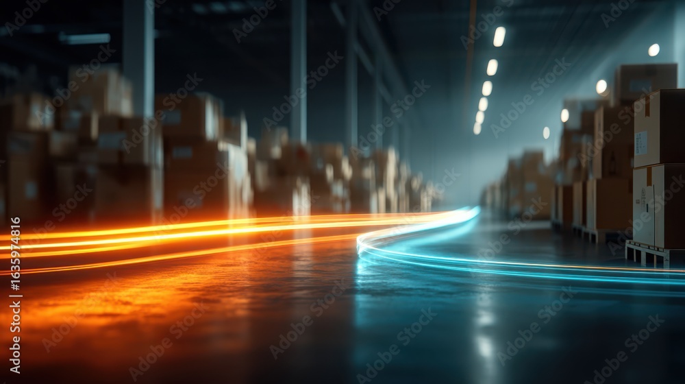Poster a dynamic scene showing illuminated trails of orange and blue light in a warehouse filled with stack