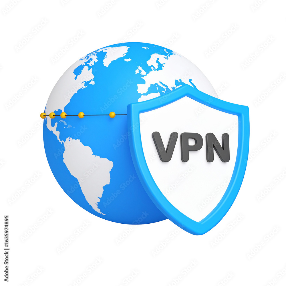 Poster vpn shield protecting earth; network connection securing data transfer, promoting safe browsing
