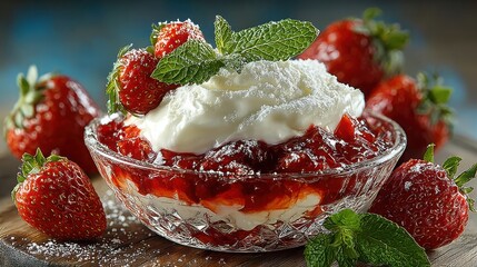 A bowl of strawberries with cream and mint on a wooden board