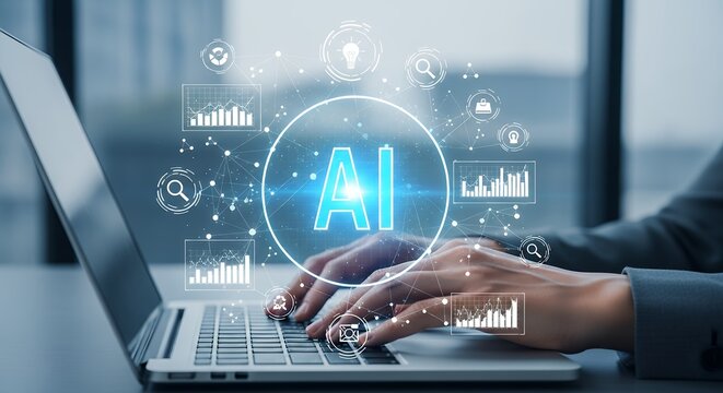Artificial Intelligence Technology Concept Person Typing on Laptop with AI Data Visualization Overlay for Business Analysis and Future Innovation