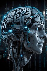 Fototapeta premium Cyborg head with illuminated neural network