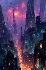 Obraz premium A breathtaking cyberpunk cityscape at night with towering skyscrapers illuminated by neon lights and a futuristic flying vehicle under a full moon