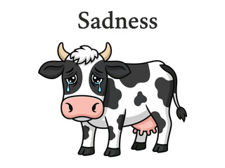 Sad Cow: A cartoon illustration portrays a cow experiencing profound sadness, with tears streaming down its face, conveying a sense of empathy and sorrow.