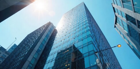 Modern glass skyscraper office building, iconic city landmark, reflecting sunlight, architectural detail, urban scene , growth, corporate