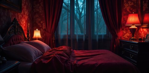 Mysterious, dimly lit boudoir scene with luxurious fabrics, hinting at intimacy and allure Velvet textures, sensual shadows, and opulent details create a captivating atmosphere , gold, makeup