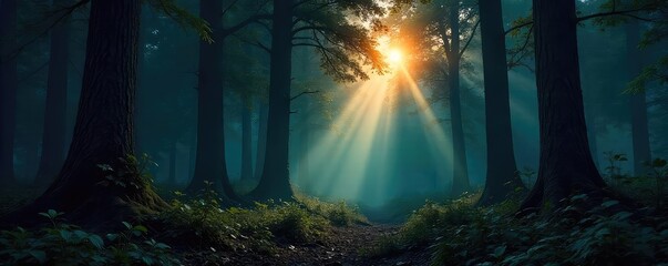 Mysterious, shadowy depths of a dark forest at twilight Ancient trees loom, sunlight barely piercing the dense canopy A sense of mystery and quiet pervades the scene , eerie, stillness