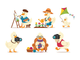 A Duck's Daily Life: An illustrated scene presents a playful duck exploring various hobbies and activities, from painting and gardening to photography and leisure pursuits.