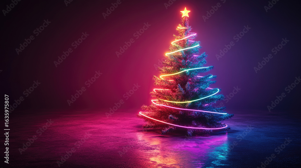 Poster futuristic neon christmas tree on glowing background with empty space for text or product display, p